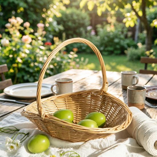 Handwoven Rattan Storage Basket with Handle Rattan Basket Store Sundries Container for Fruit Vegetables