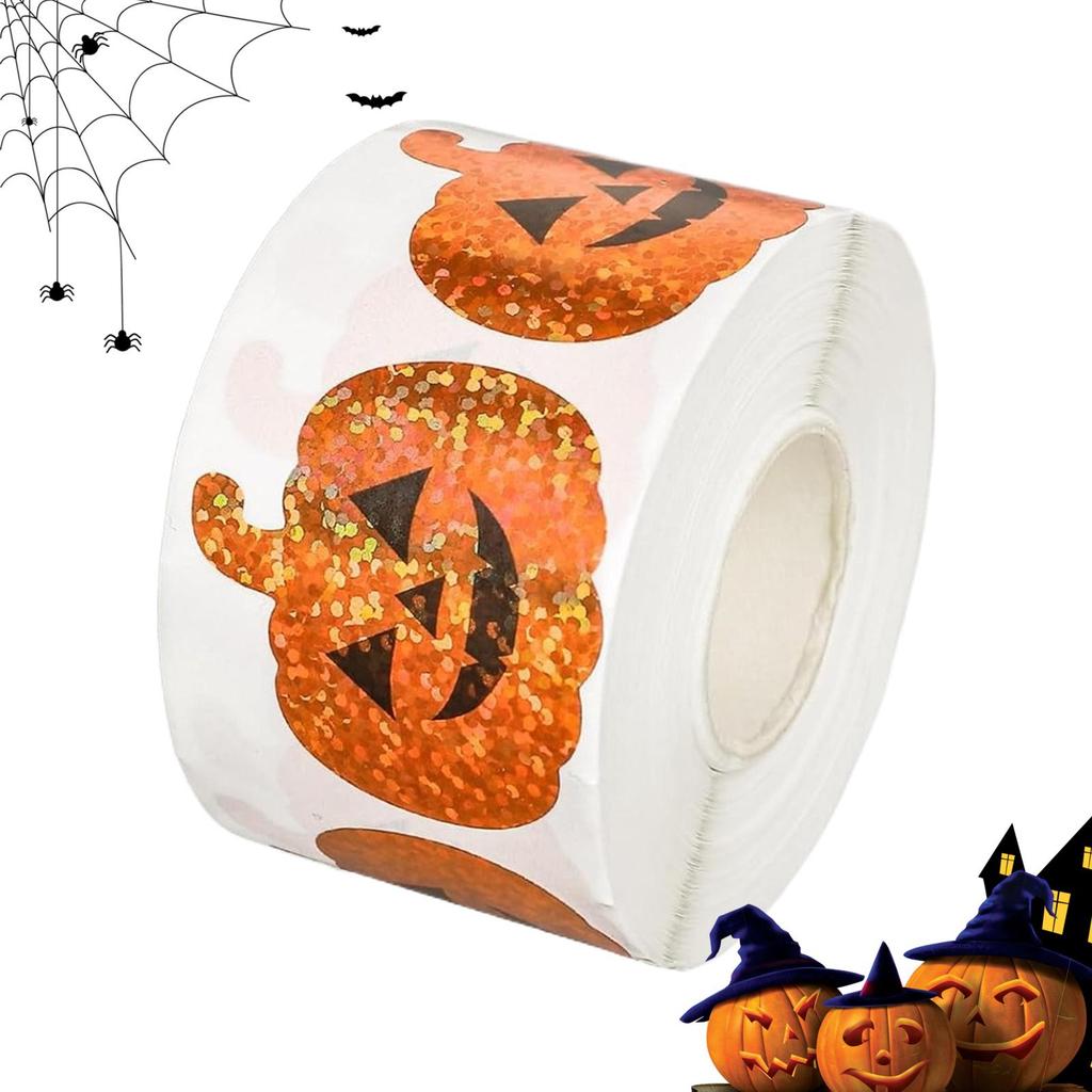 500PCS Halloween Sticker Roll Laser Pumpkin Shape Sealed Sticker Shiny Waterproof Self-Adhesive Flower Envelope Diary Decors
