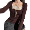 Women's Long Sleeve Knitted Tops, Lace Stitching Neckline Knitwear, Bowknot Decoration Slim-Fit Casual Pullover