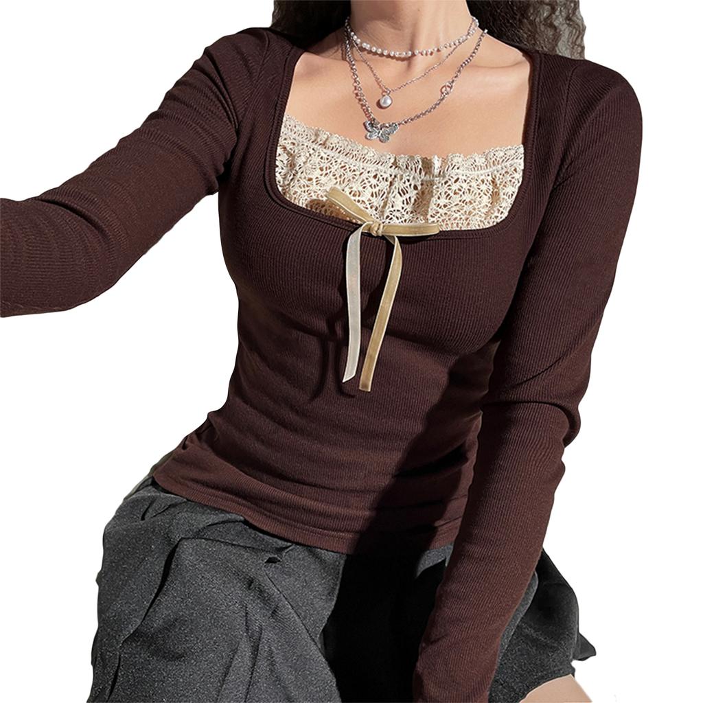 Women's Long Sleeve Knitted Tops, Lace Stitching Neckline Knitwear, Bowknot Decoration Slim-Fit Casual Pullover