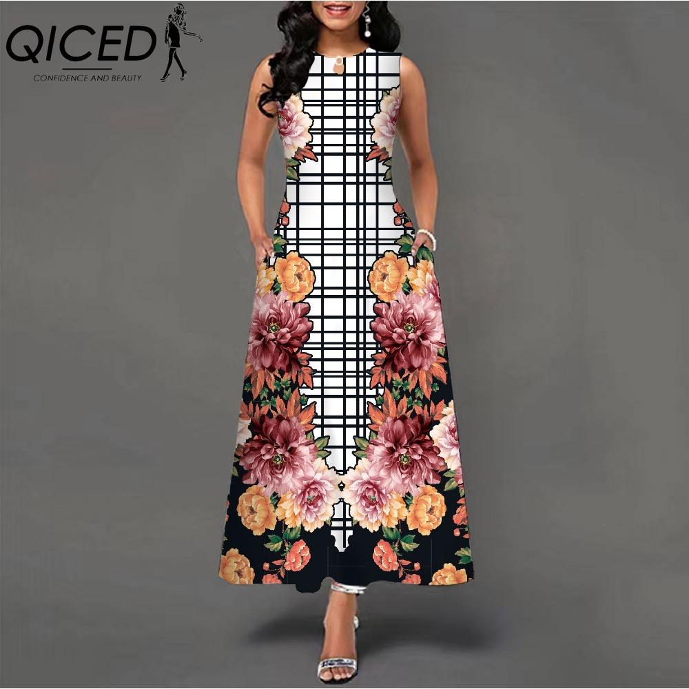 QICED 48 barev Nové dámské volné vintage květinové volánové šaty Befree šaty Velká letní párty Tílka Elegantní maxi šaty