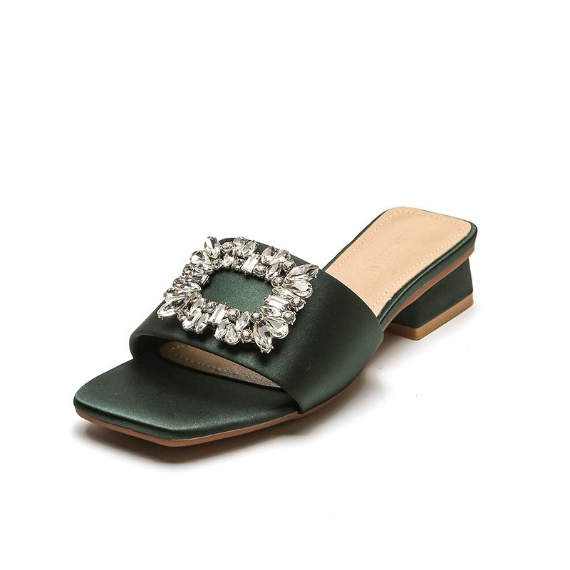 Fashion Elegant Jewel Slides Women Shoes Open Toe Flat Heels Slip On Mules Crystal Slippers Brand Rhinestone Square Buckle Sandals Mujer