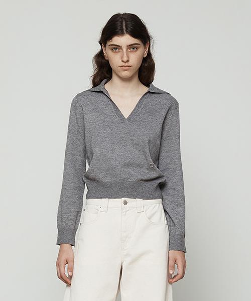 Current Collared V-Neck Knit Long Sleeve [Charcoal] Charcoal/M