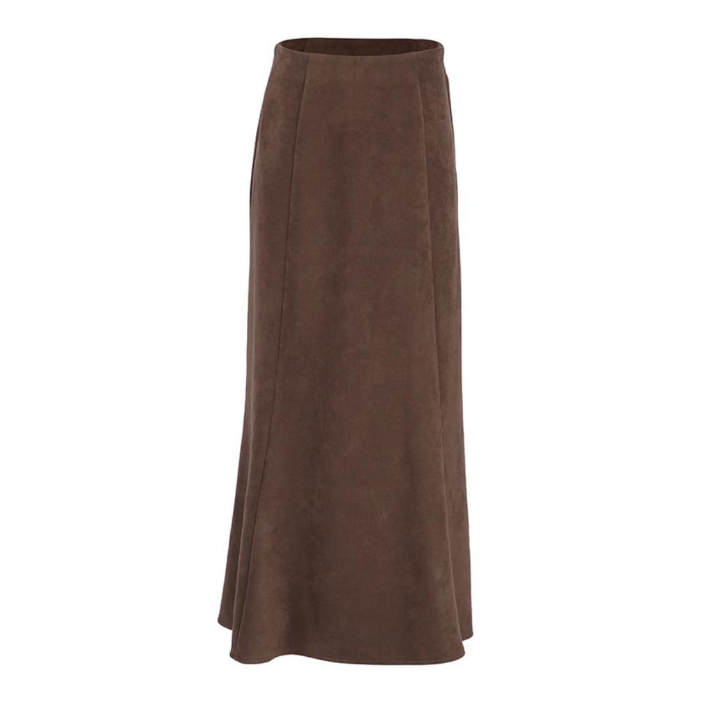 2026 Herbst Vintage Braun Fleecegefüttert Hohe Taille A-Linie Midi Wildlederrock Französischer Stil Eleganter Damenrock