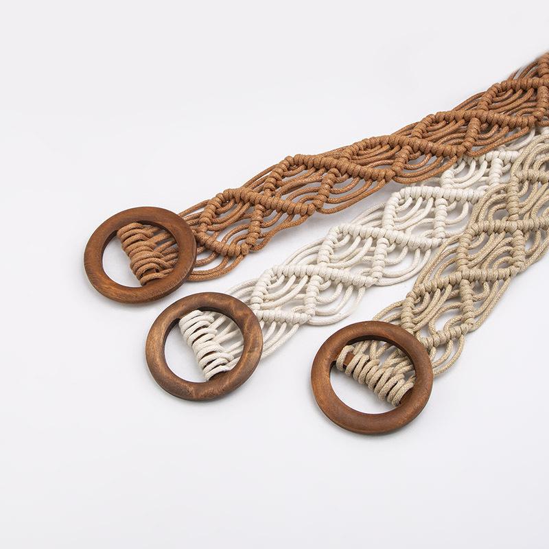 Bohemian Belt, Ethnic Style Woven Handcrafted Women's Belt, Casual Vacation Style, Exquisite Round Wood Buckle Women's Waist Rope