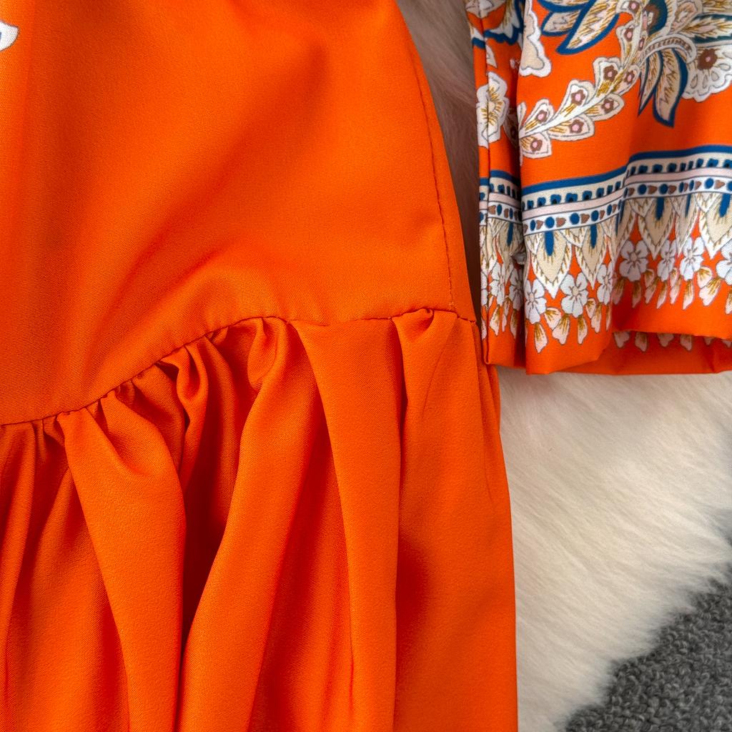 Vintage Langes Kleid für Damen, Frühling, Herbst, Blumendruck, Robe, Stehkragen, elegant, einreihig, Schnürgürtel, plissiertes Maxikleid