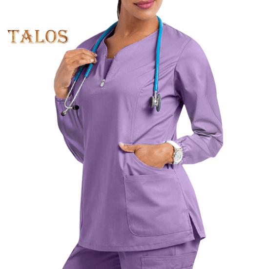 

Топ-униформа медсестры с 4 карманами, застежкой-молнией, полузастежкой, длинными рукавами, боковыми разрезами, свободным кроем, рабочая одежда для медсестры XL светло-фиолетовый