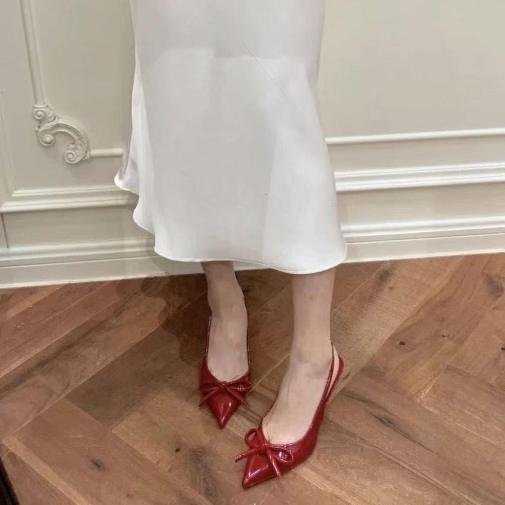 Retro Fashion Back Strap Bag Head High Heel Sandals Niche Bow Red Pointed Single Shoes Women's Autumn New