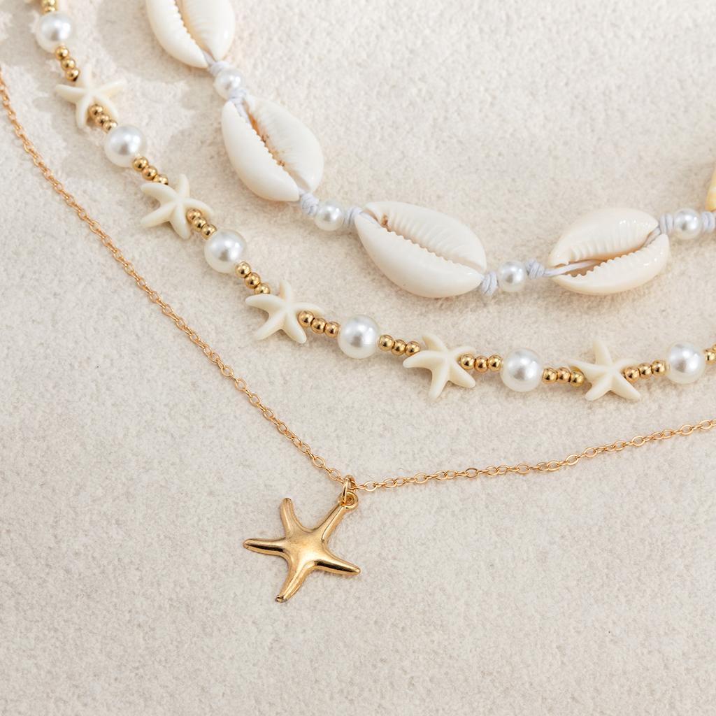 European and American Ocean Wind Starfish Pendant Pearl Necklace Female, Holiday Wind Shell Handmade Beaded Neck Chain Necklace