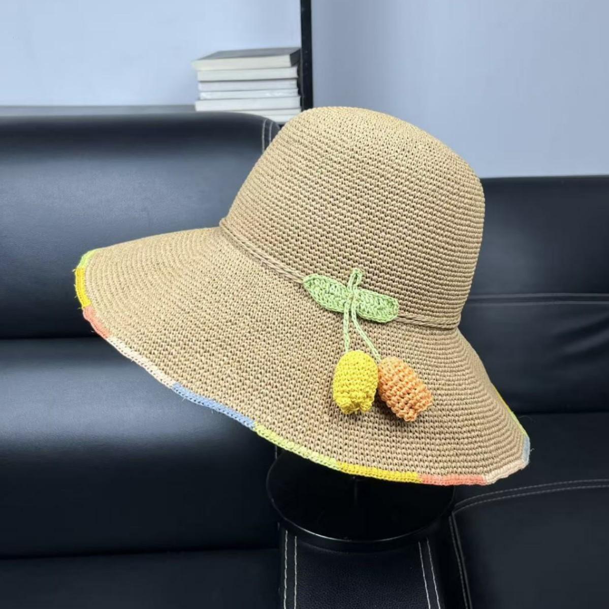 

2026 New Fashion Extra Fine Fruit Decoration Raffia Straw Hat Summer Sun Hat Women With Large Brim Handmade Rollable Straw Hat 56-58CM