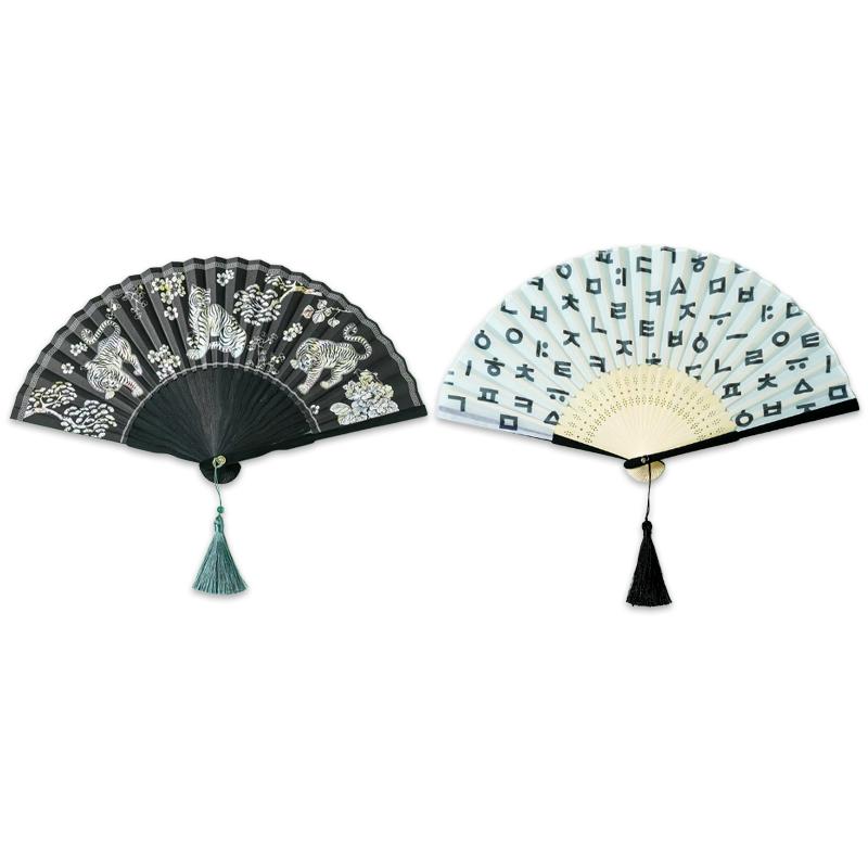 Korean Traditional Bamboo Folding Fan Korean alphabet (Hangeul), Sipjangsaeng & Hojakdo (7 Options)