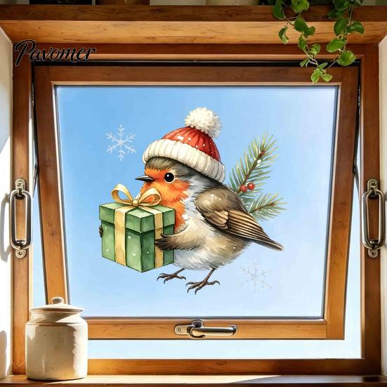 Waterproof PVC Glass Film Christmas Bird Static Window Clings, Decals with Santa Hat And Decorative Stickers for Home Gift Box, Removable Holiday Door