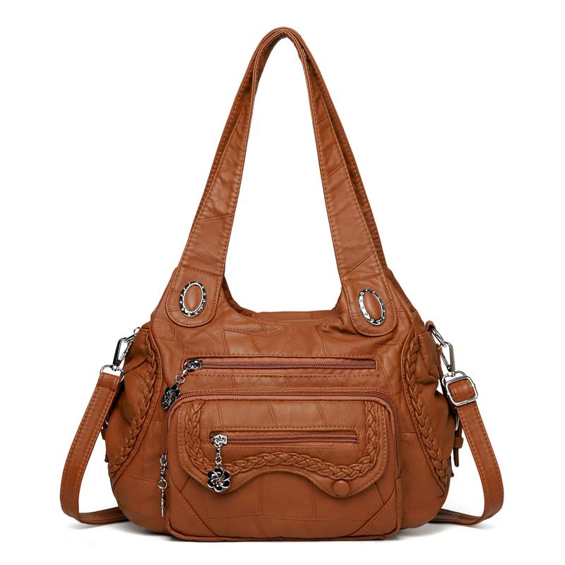 Women's Vintage Leather Shoulder Bag Multi-Zipper Pocket Crossbody Bag with Braided Detail Casual Handbag for  Use for Daily Life and Weekend Outings