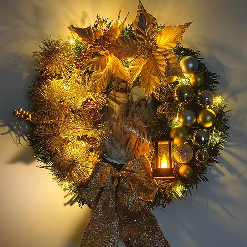 Large Artificial Lighted Christmas Wreath With Bow Ribbon Xmas Ball For Front Door Decor