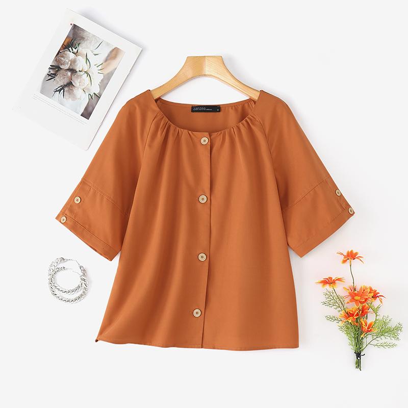 

ZANZEA Женская повседневная блузка с круглым вырезом, однотонная, с рукавами 3/4 4XL