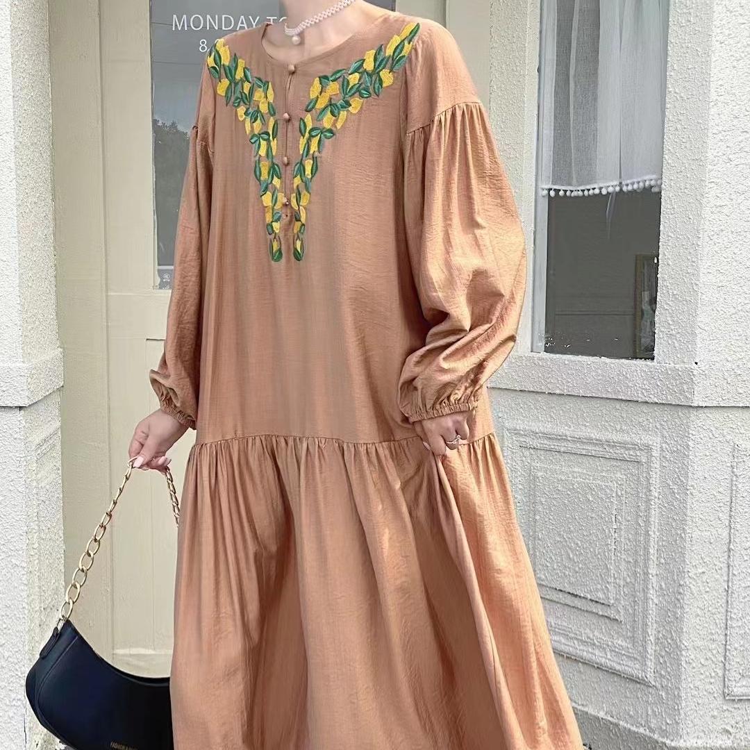 

Художественное платье в стиле ретро-отпуск в этническом стиле с круглым вырезом, длинными рукавами, завязывающимся на талии, из хлопка и льна с вышивкой, длинные платья one size хаки