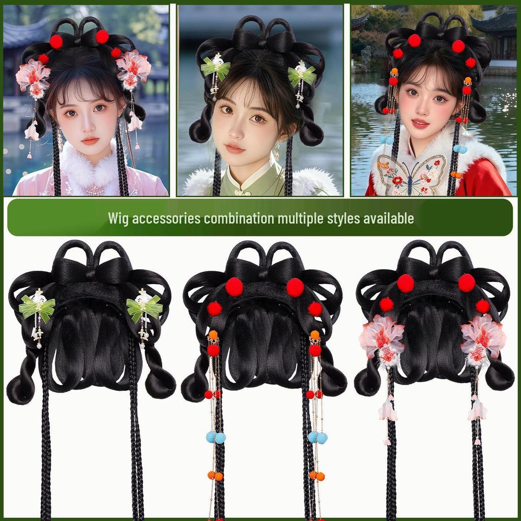 Herbst/Winter Hanfu Perücke und Pompon Stirnband Haaraccessoires Set