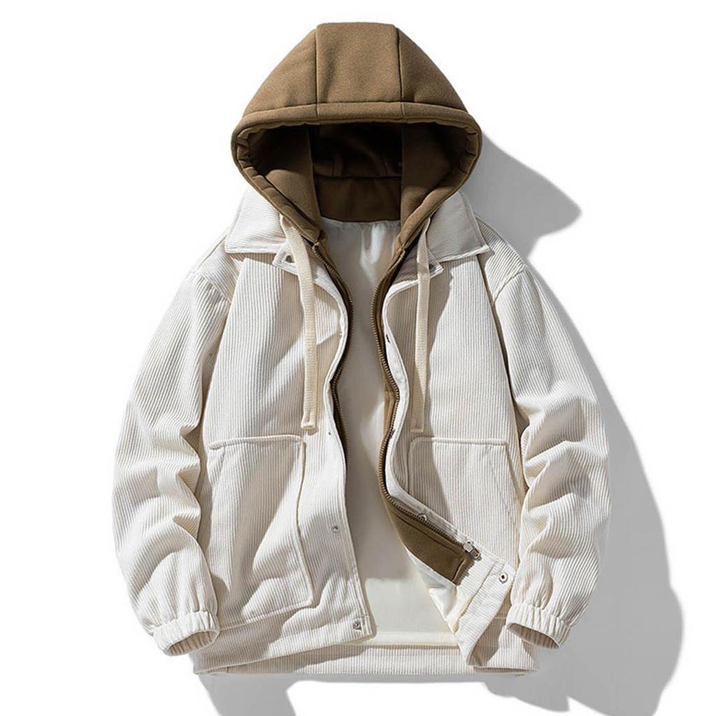Mens Hooded Corduroy Work Coat Male Fashion Causul Fales Two Piece Autumn And Winter Long Sleeved Outwear Outdoor Hiking Jacket Mens
