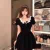 French High-end Hepburn Style Daughter Feeling Small Black Dress Women's Summer Niche Square Neck Bow Bubble Sleeve Dress