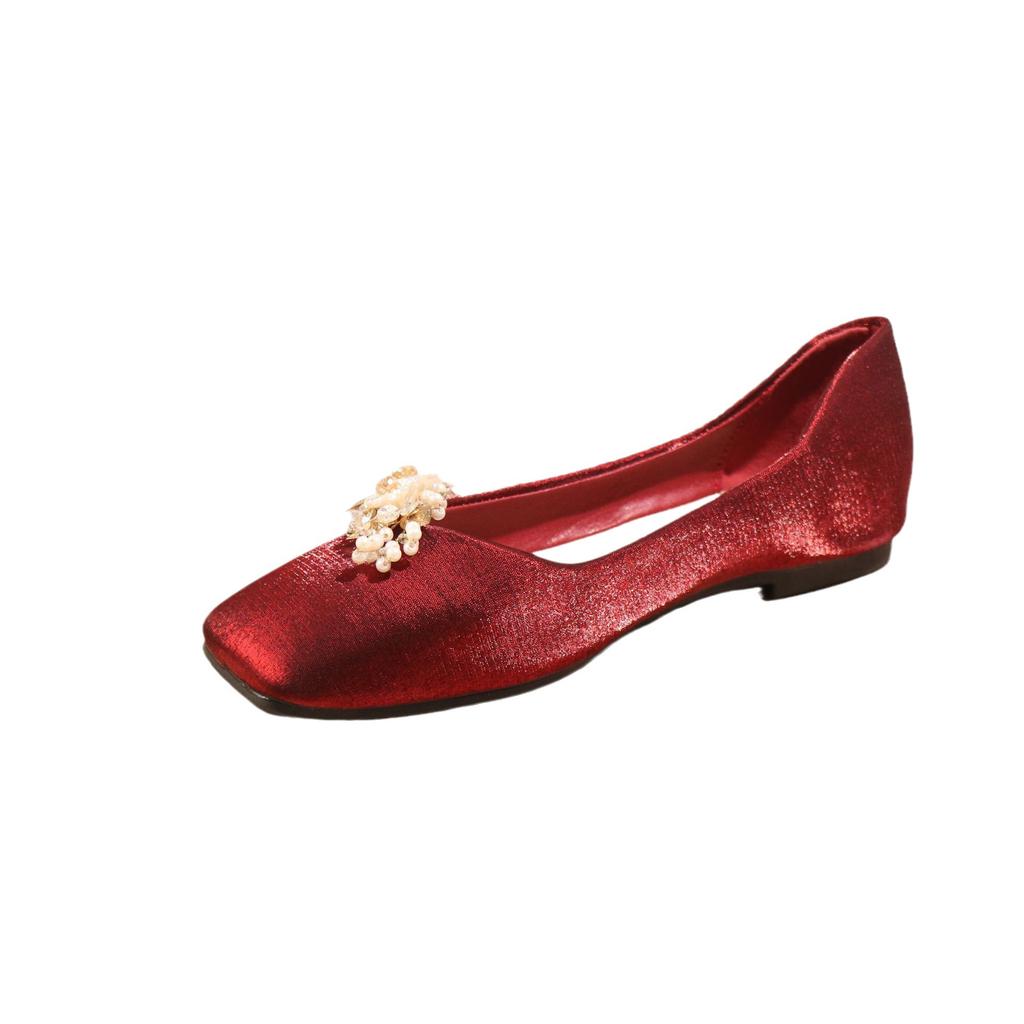 Fashion Women's Red Satin Square Toe Flat Shoes Chinese Style Simple Slip on Soft Bottom Pearl Flower Decoration Wedding Bride Shoes