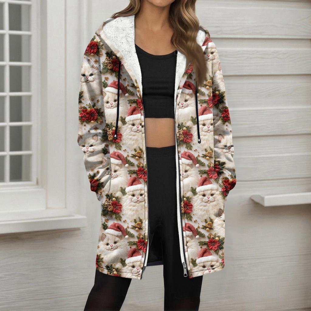 Women's Christmas Printed Fashionable Loose Zipper Fleece Hoodie Jacket