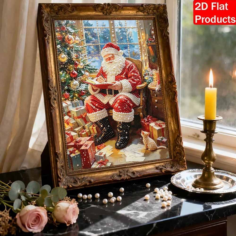 Christmas Santa Claus Writing List Pearl Bead Painting Kit with Frame Shiny Canvas Art Creative Craft Home Decoration Holiday Gift