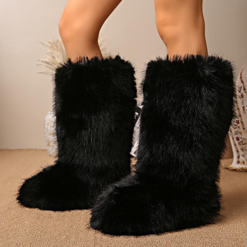 Women Knee High Fuzzy Faux Fur Boots Designer Flat Plush Warm Platform Shoes Ladies Soft Warm Comfortable Slip-on Boots Women