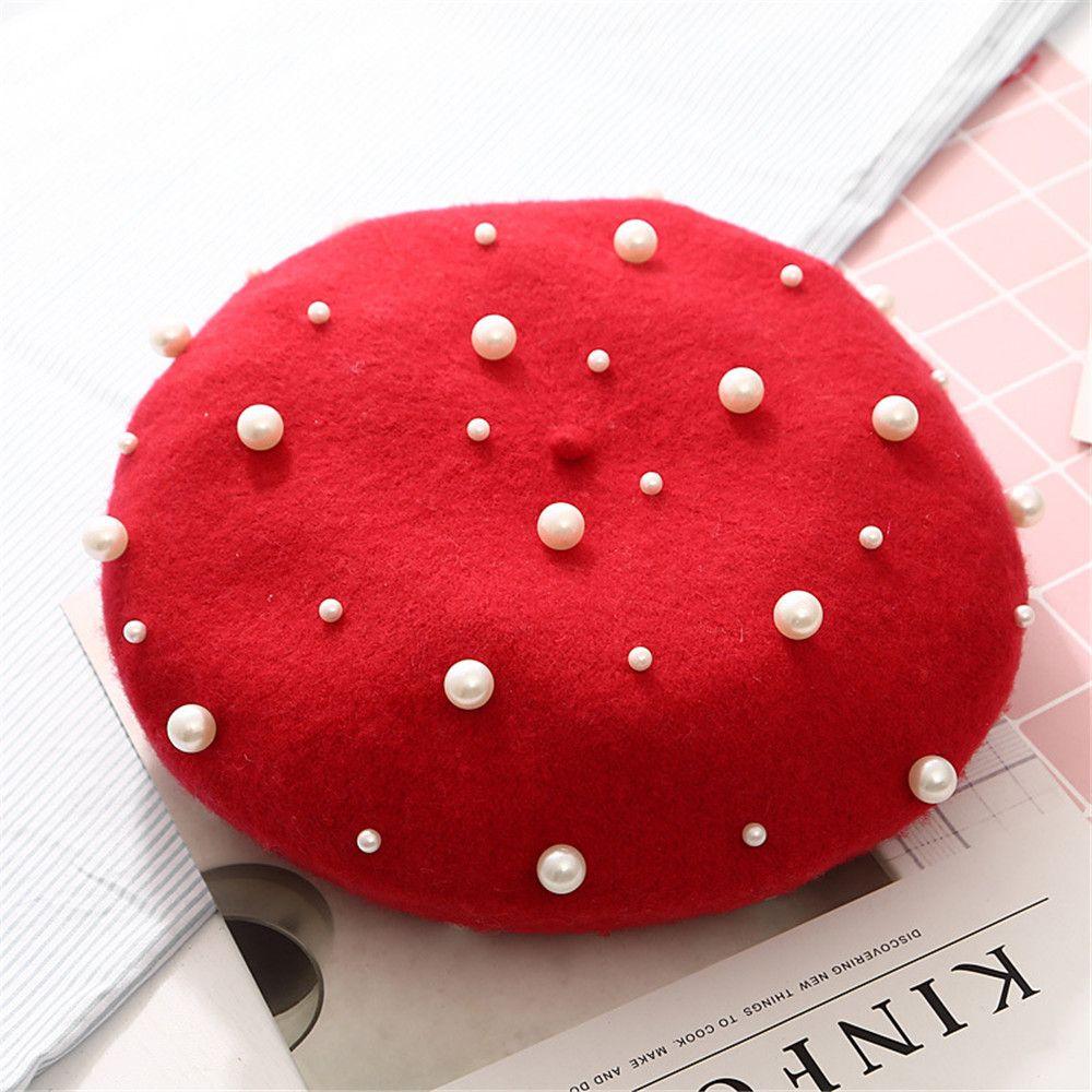 Autumn Winter Elegant Casual Warm Pearl Wool Beret Hat French Cap Painter Hats
