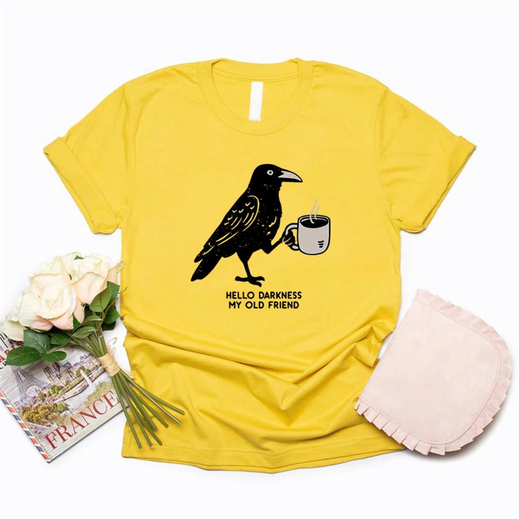 Raven Crow Coffee Shirt Halloween Womens Tshirt Short Sleeve Coffee Lover Gift Crow Coffee Printed Pattern Tshirt