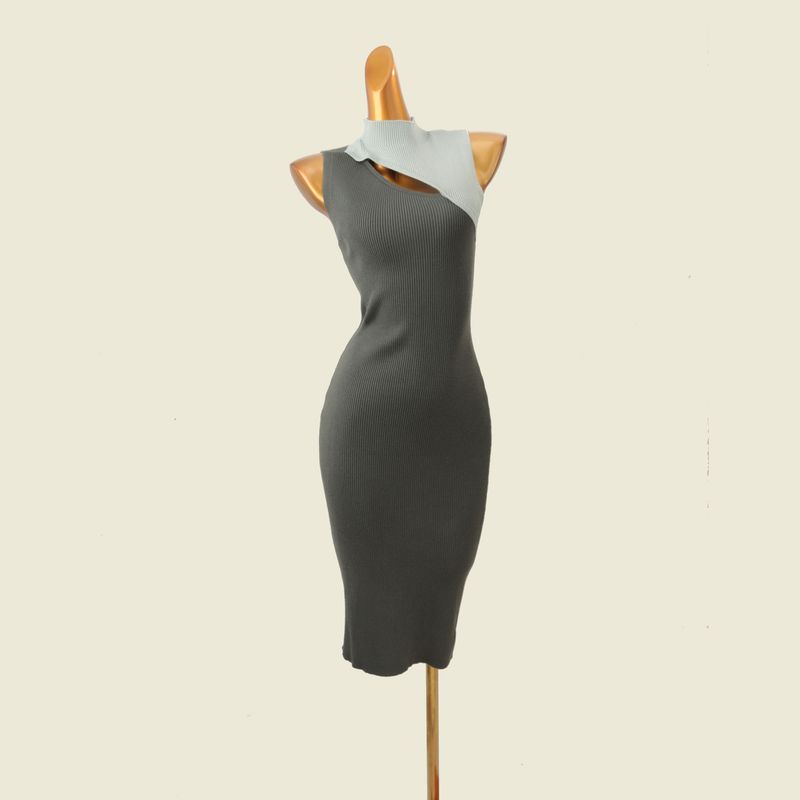 

Foreign Trade Original Order Color Matching Stand Collar Slim fit Sheath Dress Elegant Temperament Sexy Design Sense Slim fit Skirts Army Green L