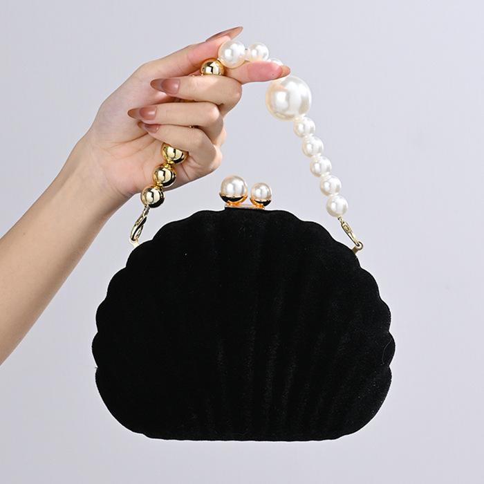 Shell Black Handbag Velvet Party Dinner Bag Pearl Clasp Clutch Bag Wedding Purse Crossbody Bag Velvet Women's Small Bags Gift