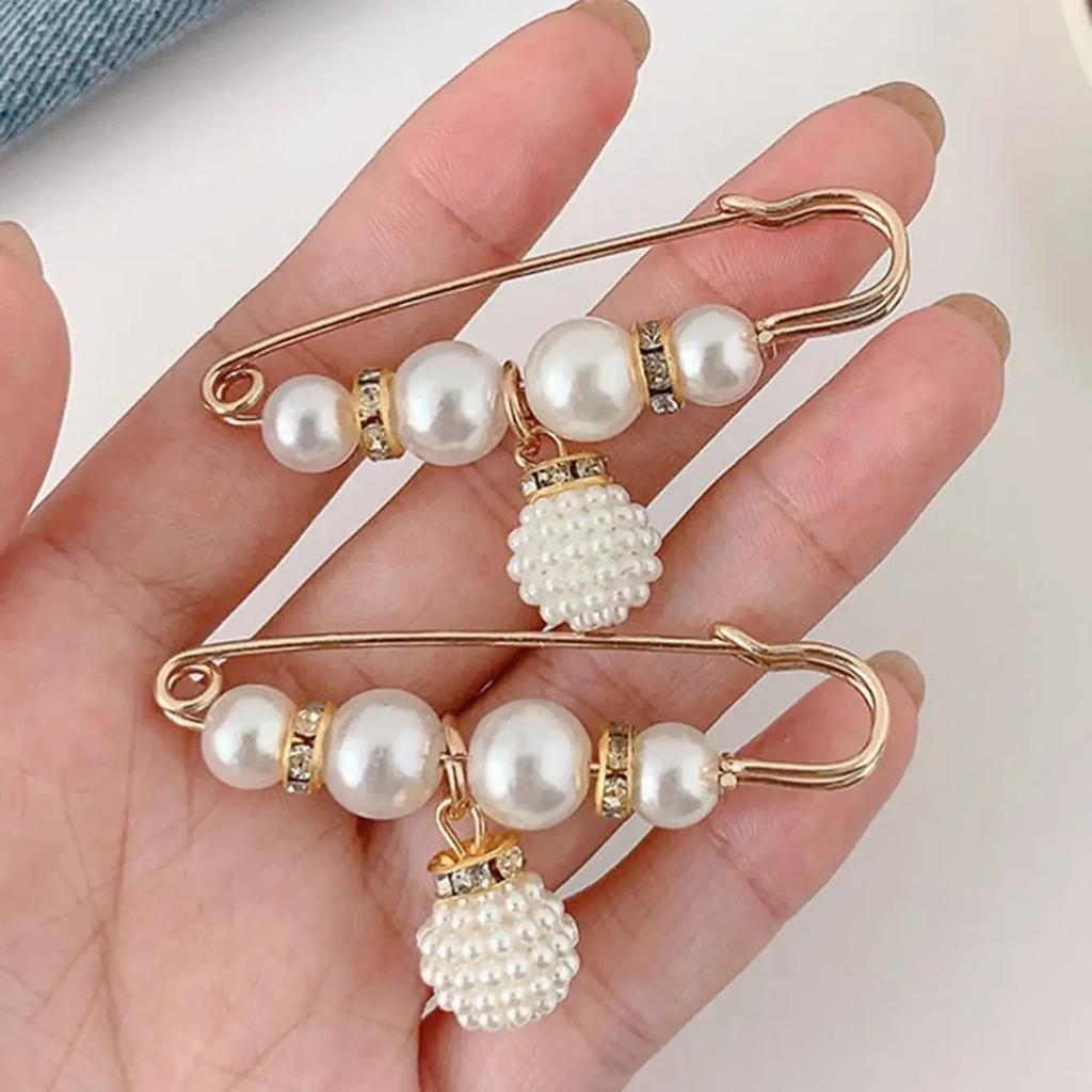 2pcs-Women New Skirt Waist Artifact Waist Pin Cute Imitation Pearl Rhinestone Brooch Anti-lighting Pin Jewelry