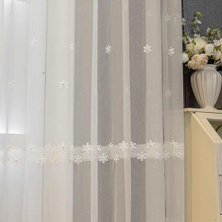1pc Embroidery Curtain, Pastoral Style Flower Embroidery Rod Pocket Translucent Window Sheer Curtain for Living Room Bedroom Home Decoration