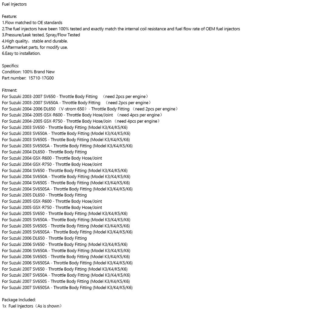 Kraftstoffeinspritzdüse 15710-17G00 Für Suzuki GSX-R600/750 Vstrom 650 SV650 2003-2007