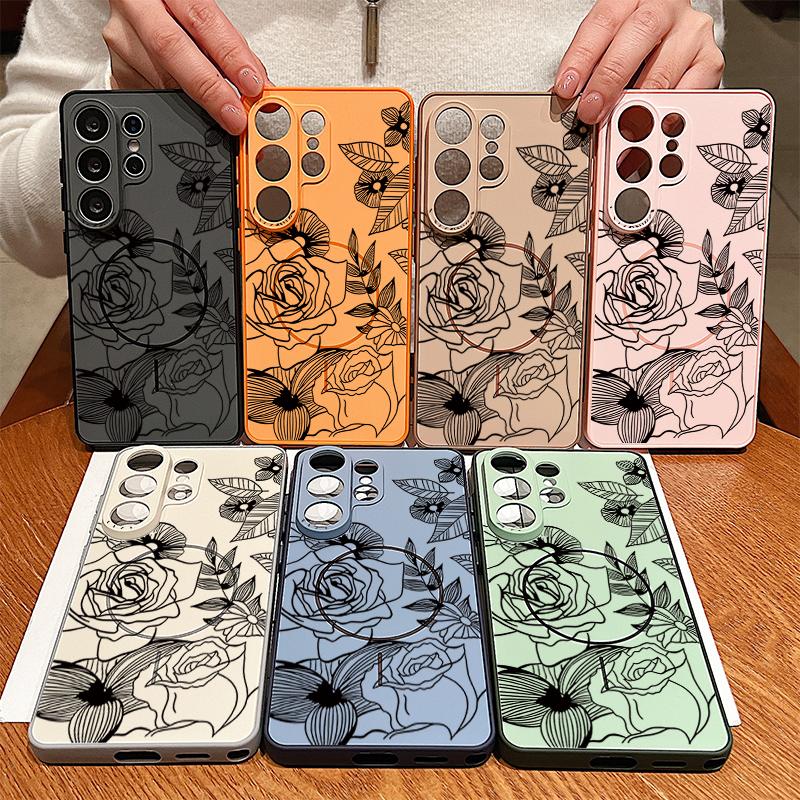 Magnetic For Magsafe Case For Samsung Galaxy S26 Ultra S25 Edge S24 Plus S23 FE S22 A54 A55 A56 5G Line Rose Flowers Leaves Pattern Matte Cover