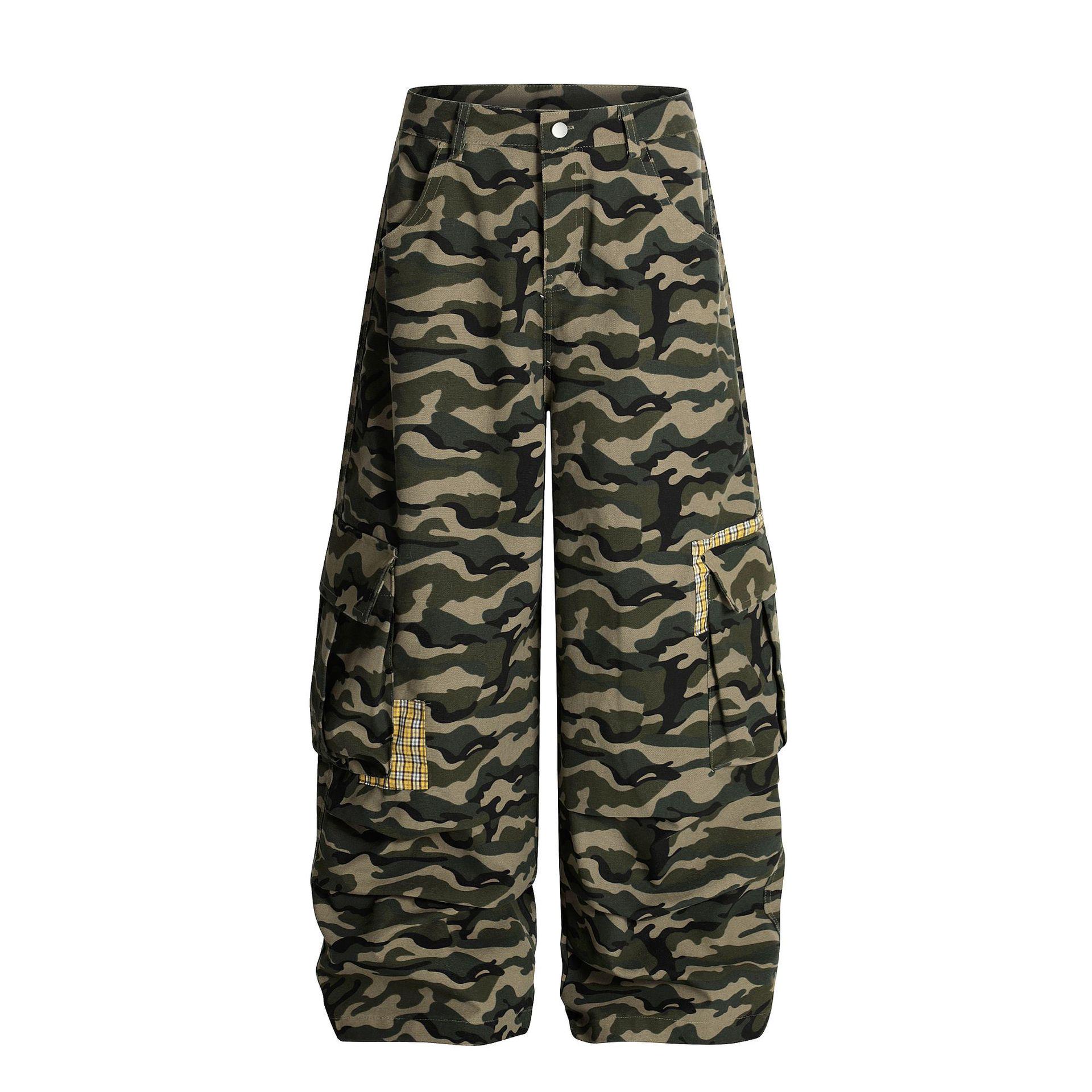 2025 Autumn Women s Retro Plaid Patchwork Camouflage Cargo Pants - Loose Fit with Pockets L