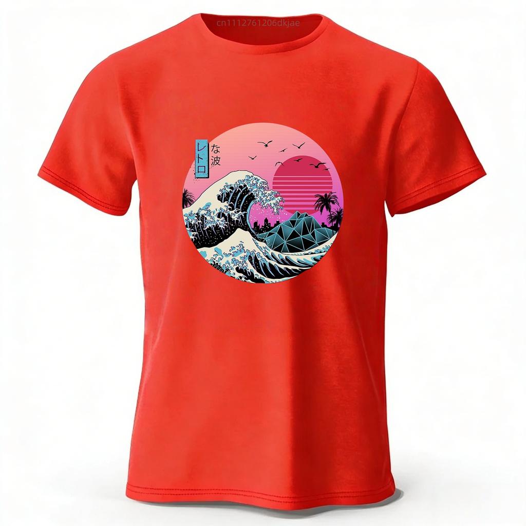 Estética Japonesa Onda Rosa Algodão Puro Manga Curta Masculina Casual Tendência Camiseta Top Solto