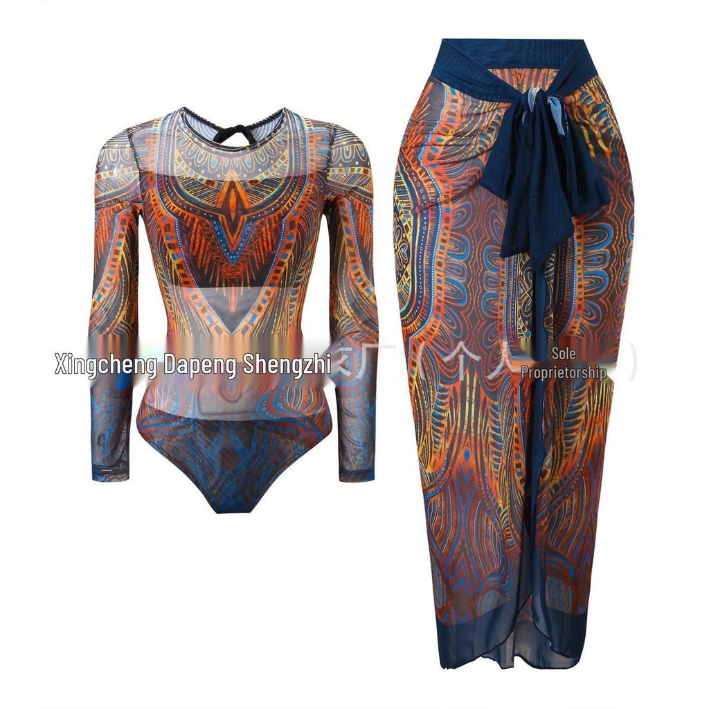 Women's Long Sleeve Mesh Sun Protection One-Piece Swimsuit with Skirt