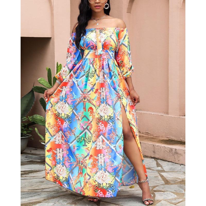 Suer evening dress printed dress one-word shoulder pullover retro long-sleeved big swing split dress