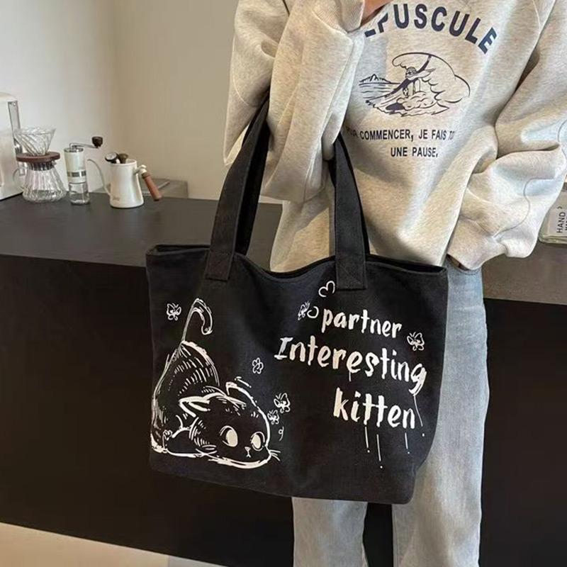 Carto Canvas Tote Bags Creative Cat Print Shoulder Bags Casual Versatile Large Capacity Handbags New Popular Student Backpacks