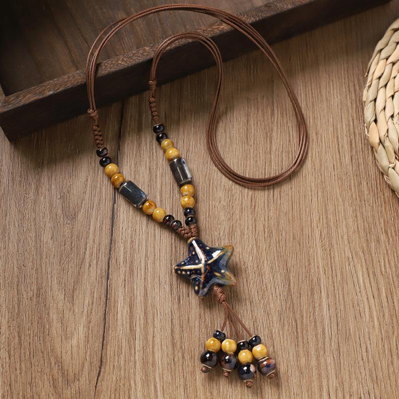 Retro Ceramic Beaded Necklace for Women, Handmade Long Sweater Chain, Ethnic Vintage Chinese Style Jewelry