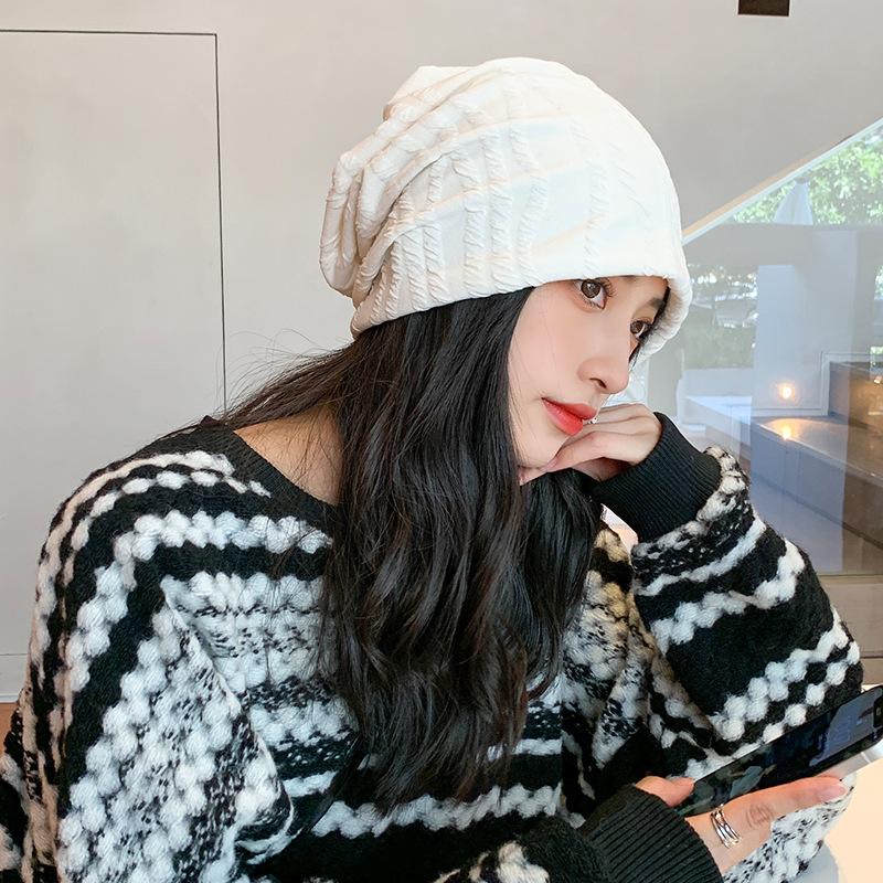 Neue Strickmütze Damen Stacking-Mütze Plissierte Gestreifte Überziehmütze