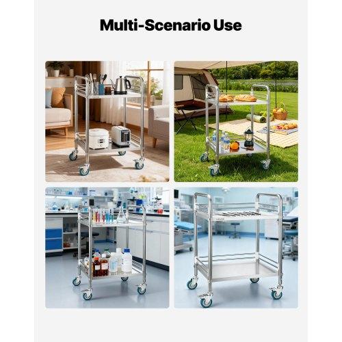 VEVOR Stainless Steel Cart, 2-Tier Rolling Lab Utility Cart with Lockable Wheels, Medical Serving Trolley Clinic Tray