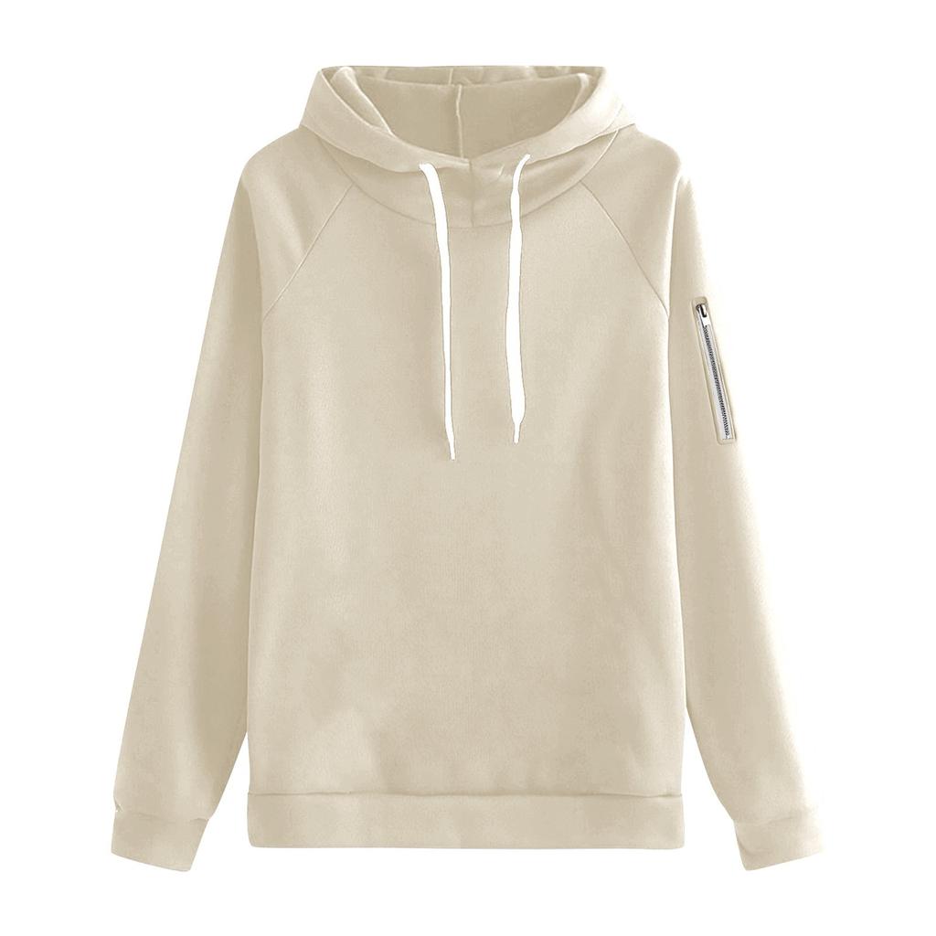 Women's Loose Long Sleeved Solid Color Hooded Sweatshirt With Velvet Drawstring