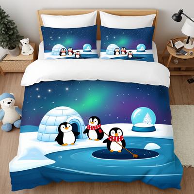 3Pcs North Pole Arctic Bear Penguin Bedding Set Polyester Soft Queen Size Kids Room Christmas Gift
