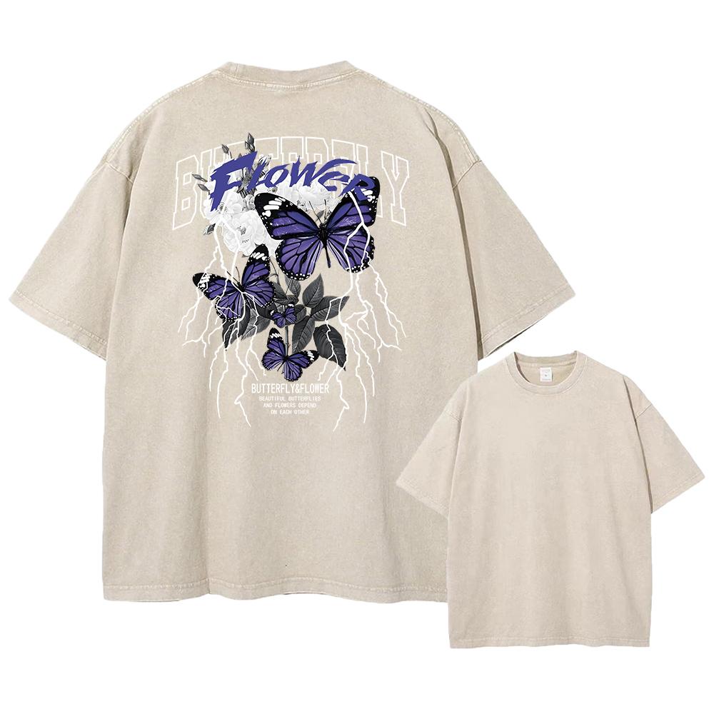 

Mens Casual Washed TShirt Butterfly Print Suitable For Everyday Summer Wear LooseFitting Pure Cotton Short Sleeve S