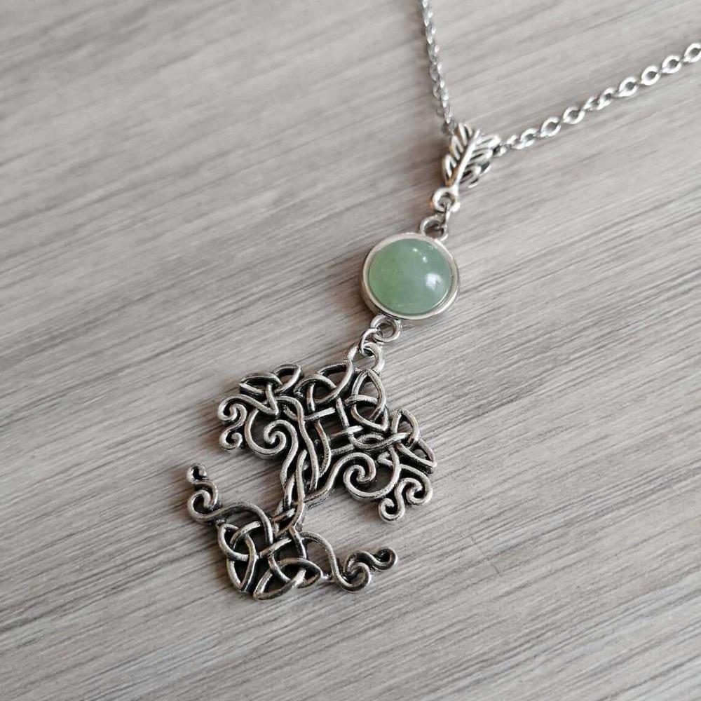 Retro Hollowed-out Tree of Life Celtic Knotwork Crystal Natural Stone Necklace for Women Halloween Party Jewelry Accessory Gifts