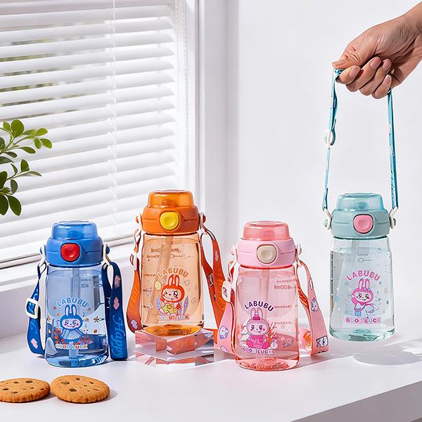 Water bottle cute cartoon straw cup portable leak-proof student children outdoor school high temperature food grade plastic cup drop