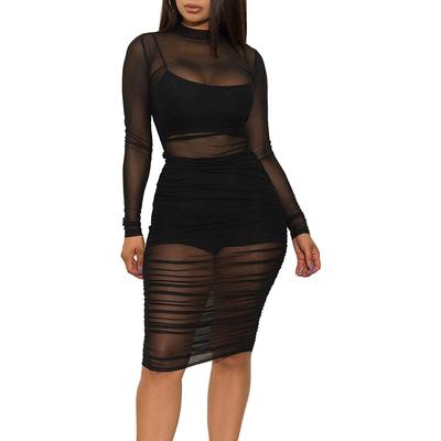 Kadınlar Uzun Kollu Bodycon Elbise - Seksi Şeffaf Mesh Cover Up Dantelli Elbise Kulübü Kıyafetleri See Through