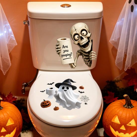 Funny Halloween Bathroom Decor Toilet Sticker, Ghost And Skeleton Print Decals, Waterproof PVC Easy Creepy Decorations Peel Stick Spooky Stickers, for